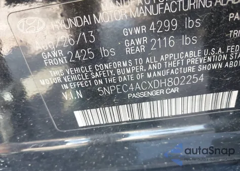 2013 Hyundai Sonata Se/Limited z USA, uszkodzony, nr VIN 5NPEC4ACXDH802254